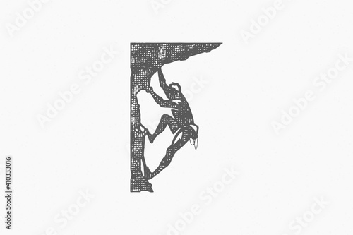 Black silhouette of mountaineer climbing cliff during trip in mountains hand drawn stamp effect vector illustration