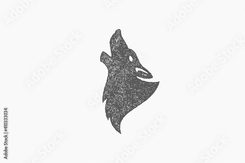 Silhouette of head wild wolf howling loudly as symbol wildlife hand drawn stamp effect vector illustration.