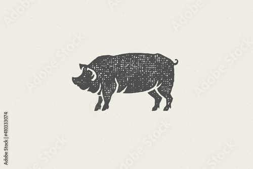 Red pig silhouette for meat industry or farmers market hand drawn stamp effect vector illustration.