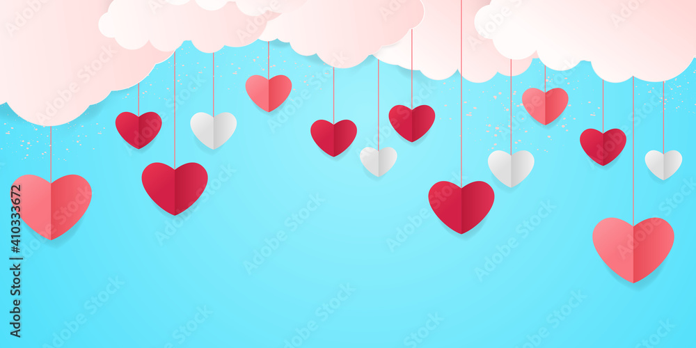 Horizontal banner with paper cut clouds and flying hearts in blue sky, papercut craft art. Place for text. Happy Valentines day sale concept, voucher template with square frame.