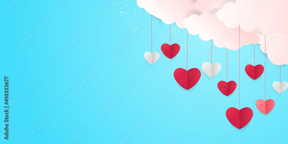 Horizontal banner with paper cut clouds and flying hearts in blue sky, papercut craft art. Place for text. Happy Valentines day sale concept, voucher template with square frame.