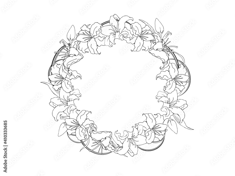 ゆりの花とミスカンサスの丸いフレーム 線画 Stock Vector Adobe Stock