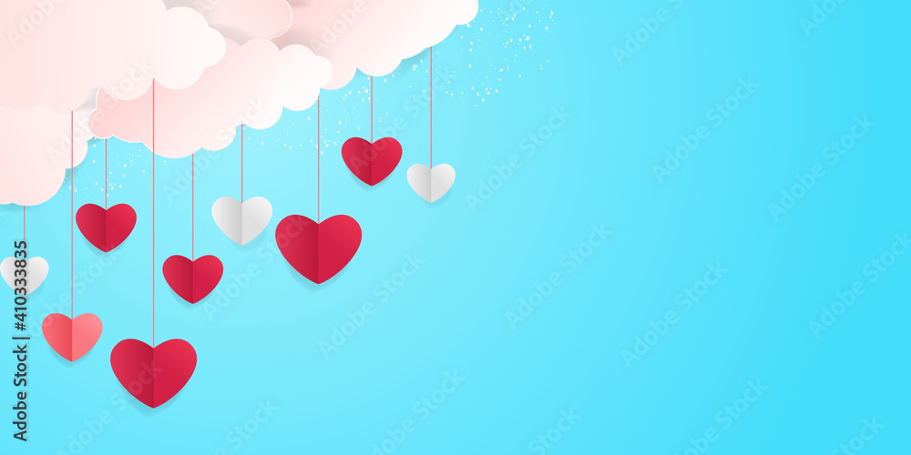 Horizontal banner with paper cut clouds and flying hearts in blue sky, papercut craft art. Place for text. Happy Valentines day sale concept, voucher template with square frame.