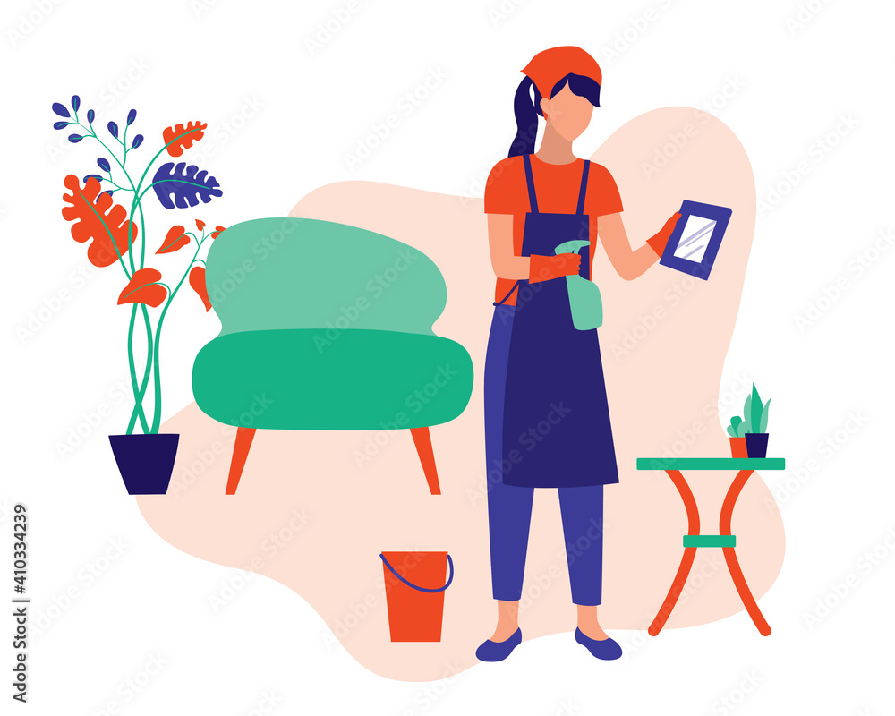 Young Woman In Apron Cleaning House. House Cleaning Services Or Household  Chores Concept. Vector Illustration Flat Cartoon. Cleaning Lady Using  Antibacterial Spray To Clean The Picture Frames. Stock Vector | Adobe Stock