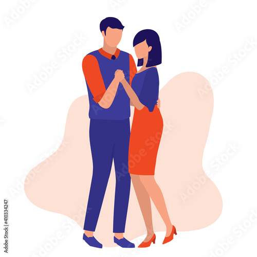 Couple Enjoying A Romantic Slow Dance Together. Couple Dating Concept. Vector Illustration Flat Cartoon. Lovely Couples Hold Each Other's Hands During The Romantic Dance.