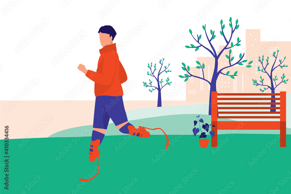 Young Man With Prosthetic Leg Jogging In The Park. Adaptive Technology Concept. Vector Illustration Flat Cartoon. Athlete Man Doing Exercise.