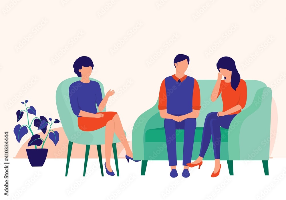 Couple Visiting A Female Marriage Counselor Or Therapist. Couple And  Marriage Counseling Services Concept. Vector Illustration Flat Cartoon. Sad  Woman Cried During A Therapy Session. Stock Vector | Adobe Stock