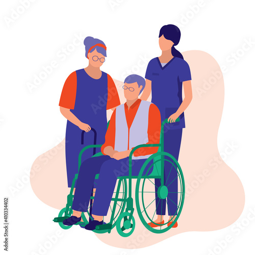 Healthcare Worker Taking Care Of An Elderly Man And Woman. Nursing Home Concept. Vector Illustration Flat Cartoon. Disabled Old Man Sitting In A Wheelchair Accompanied By His Wife.