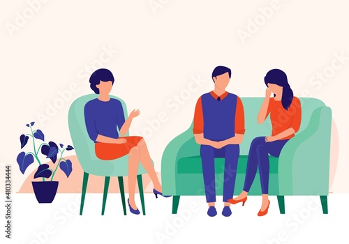 Couple Visiting A Female Marriage Counselor Or Therapist. Couple And Marriage Counseling Services Concept. Vector Illustration Flat Cartoon. Sad Woman Cried During A Therapy Session.