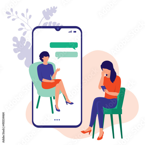 Woman Talking With A Counselor Or Therapist Using Her Mobile Phone. Online Psychotherapy, Counselling And Mental Health Support Services Concept. Vector Illustration Flat Cartoon.