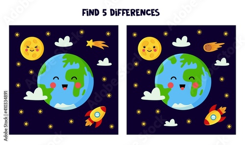 Find 5 differences between pictures. Space themed worksheet for kids.
