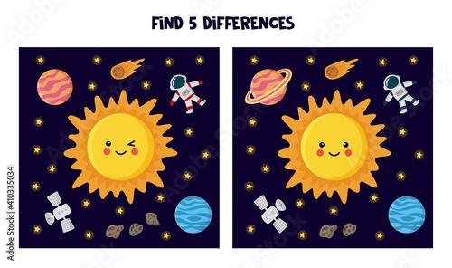 Find five differences between pictures.  Sun and planets illustration.