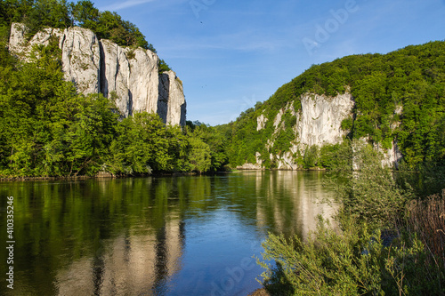 Danube river breakthrough near Kelheim, Bavaria, Germany with limestone rock formations and clear water