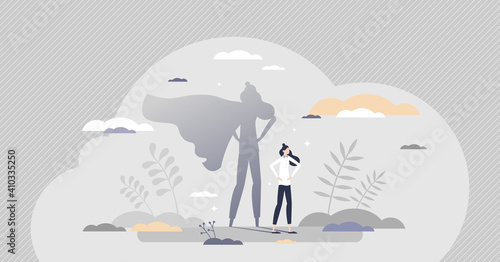 Superhero female as strong and powerful leader or mother tiny person concept