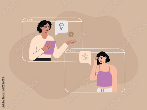 Online psychotherapy support concept. Patient with a depression. Mental health service. Girl talking with psychologist on a computer screen, internet conversation by video call, vector illustration