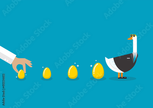 Goose wearing business suit with golden eggs