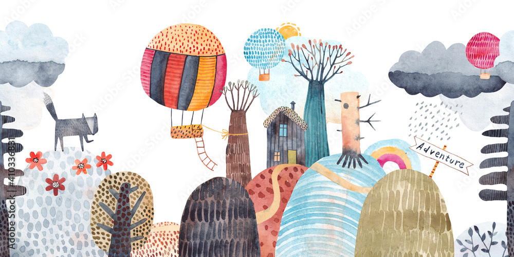 Fototapeta Repeated mountain landscape with mountains, hills, trees, balloons, clouds and a rainbow wolf. Watercolor seamless pattern.