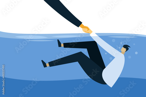 A drowning man in water holding a helping hand