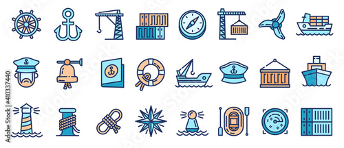 Marine port icons set. Outline set of marine port vector icons for web design isolated on white background