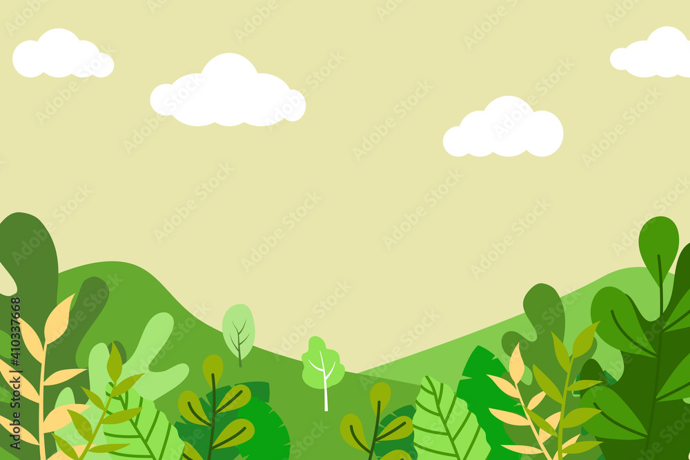 Forest landscape - background for banner, greeting card, poster and advertising. Nature landscape vector illustration. Green hills, bright color yellow sky, background in flat cartoon style.