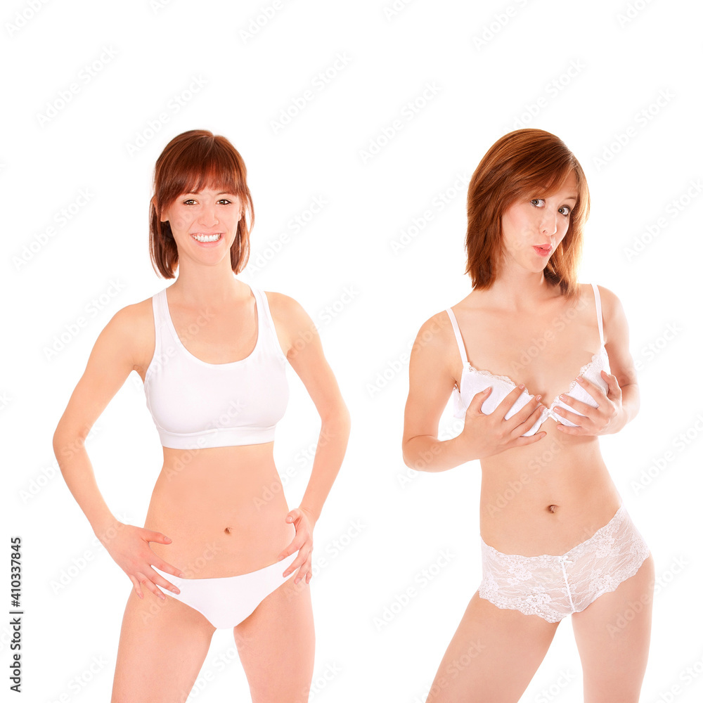 Portraits of a young athletic woman wearing a white bikini and white underwear, isolated in front of white studio background Portraits of a young athletic woman wearing a white bikini and white underwear, isolated in front of white studio background