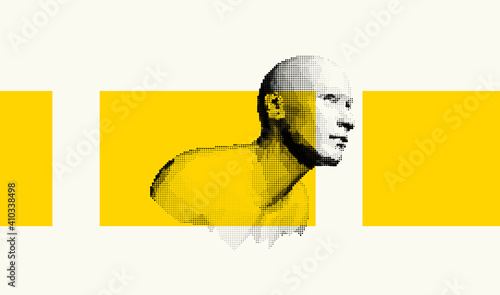 Abstract man head made from dots. Side view of dotted face background. Facial recognition. 3D vector illustration.