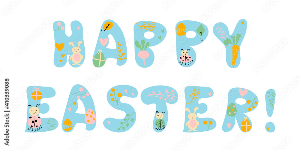 Fototapeta premium Happy Easter lettering. Vector blue letters with rabbit, eggs, radish and branches, leaves, berries, hearts, beetles. Cartoon style