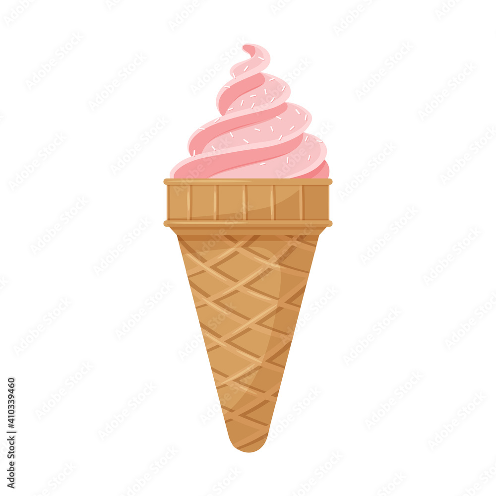 Strawberry pink ice cream in a waffle cone Sweet, fat, high-calorie, unhealthy food, dessert, treat. The symbol of summer. Color vector illustration in cartoon flat style. Isolated on white background