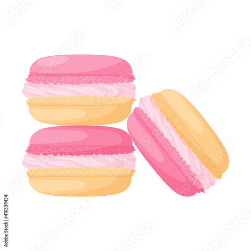 Pink-peach macaroon cakes with cream. Sweet, fatty, high-calorie, unhealthy food, dessert, treat. Color vector illustration in cartoon flat style. Isolated on a white background.