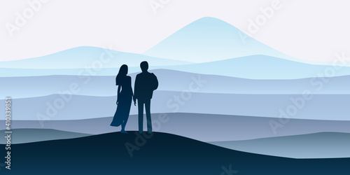 Young couple in scenic Landscape hills mountaine valley silhouette panorama horizon minimal style. Man and woman are looking at the new goals
