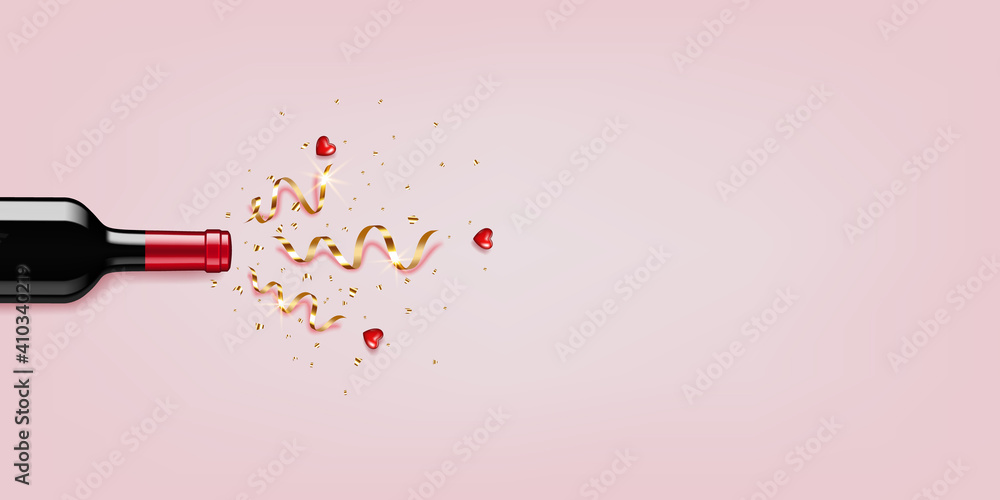Red Wine bottle with gold ribbons and hearts, isolated on pink background. Red Wine bottle with gold ribbons and hearts, isolated on pink background.