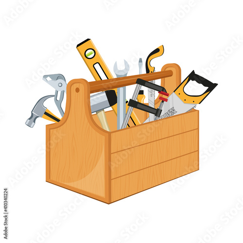 Toolbox with hand tools inside. Workbox with instruments. Building tools. Instruments for renovation. Work tools. Vector graphics to design.