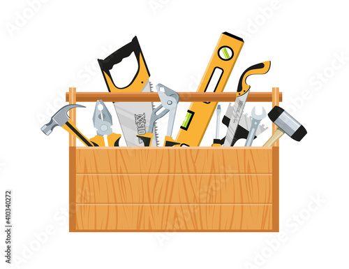 Toolbox with hand tools inside. Workbox with instruments. Building tools. Instruments for renovation. Work tools. Vector graphics to design.