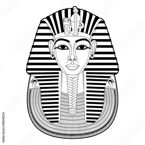 Mask of Tutankhamun. Gold mask. Living image of Amon. Valley of the Kings in Egypt. King Tutankhamun's death mask. Pharaoh of Ancient Egypt. Tutankhamun. King Tut. Vector graphics to design