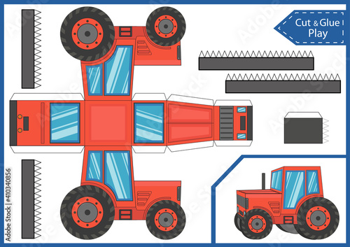 Cut and glue 3d paper tractor. Kids craft game. Children worksheet. Activity page. Vector illustration.