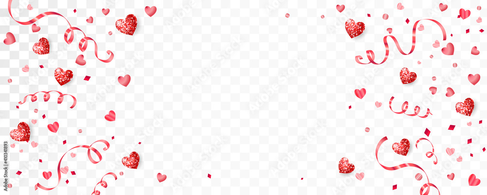 Valentine's day background with red hearts. Confetti and ribbons frame, border. Glitter holiday decoration isolated on white. For wedding and mother's day banners, party posters. Vector. - obrazy, fototapety, plakaty 