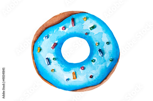 Watercolor drawing of donut with blue glaze and colorful topping isolated on the white background. Hand painted illustration of turquois donut