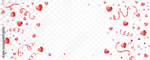 Valentine's day background with red hearts. Confetti and ribbons frame, border. Glitter holiday decoration isolated on white. For wedding and mother's day banners, party posters. Vector.