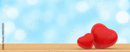 valentine's day couple red heart on wooden floor blue bokeh background concept design 