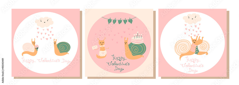 Vector set of Valentines cards. Сouple of little cute snails. Happy Valentines Day. Love, cloud and pink hearts. Romantic holiday card or poster, banner Vector set of Valentines cards. Сouple of little cute snails. Happy Valentines Day. Love, cloud and pink hearts. Romantic holiday card or poster, banner