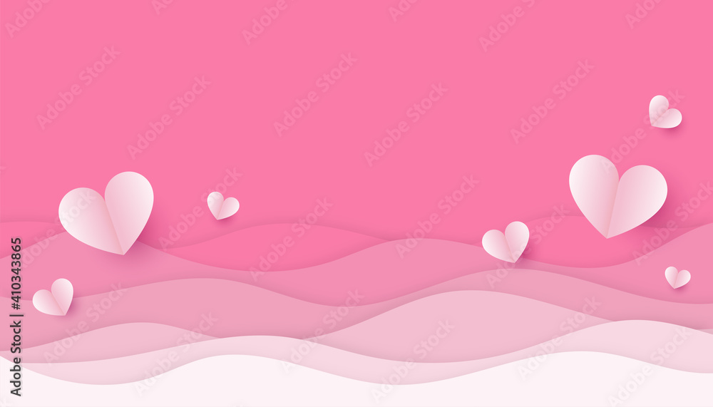 Pink wave lines curve with hearts paper for valentine's day concept vector background illustration.