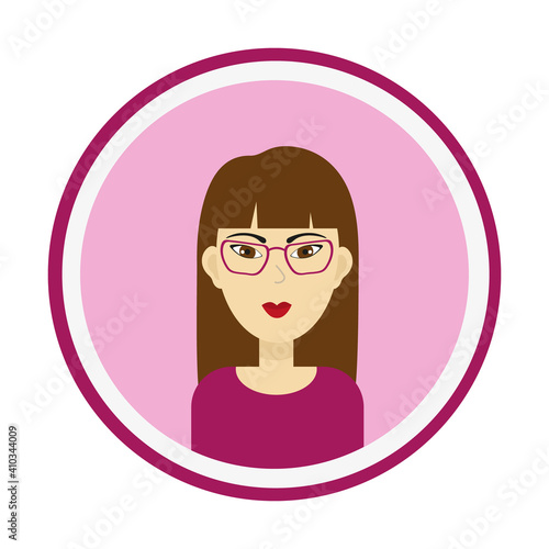 Female avatar. Cute woman’s portrait on pink background. Girl face with long brown hair, brown eyes and glasses. Isolated vector illustration.