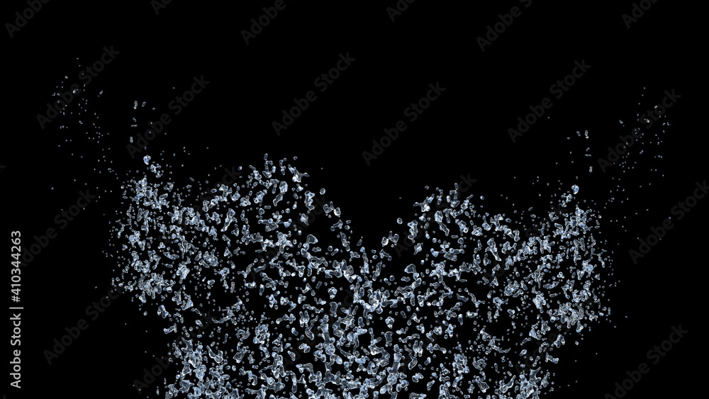 Water Splash with droplets on black background. 3d illustration. Water Splash with droplets on black background. 3d illustration.