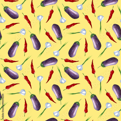 Watercolor hand drawn vegetable pattern on yellow background. Eggplant, chili pepper and garlic seamless print. Vegetables ornament for kitchen, textile, fabric, wallpaper and decorating.