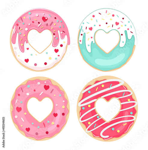 Vector set of glazed and sprinkles donuts. Top view. Valentine Donuts.
