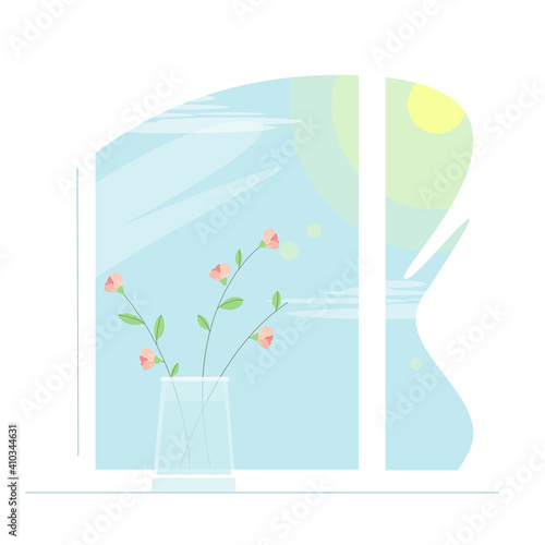 Blooming twigs in a glass vase on the windowsill. Sunny sprimg weather outside the window. Branches with tender flowers and leaves.