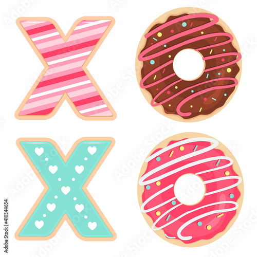 Vector set of glazed and sprinkles cookies and donuts for Valentines Day.