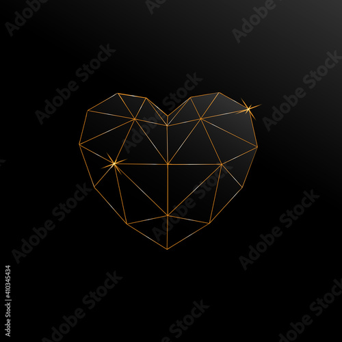 Polygonal heart with gold adges on a black background. Vector illustration.