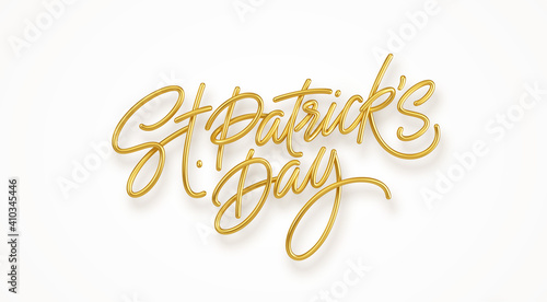 Golden realistic lettering Happy St. Patricks Day isolated on white background. Design element for poster, banner Happy Patrick. Vector illustration