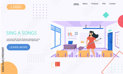 Girl with headphones washing floor. Musician imagines guitar and plays in class. Woman is playing mop like guitar at school. Person creates music. Sing songs concept. Website landing page template